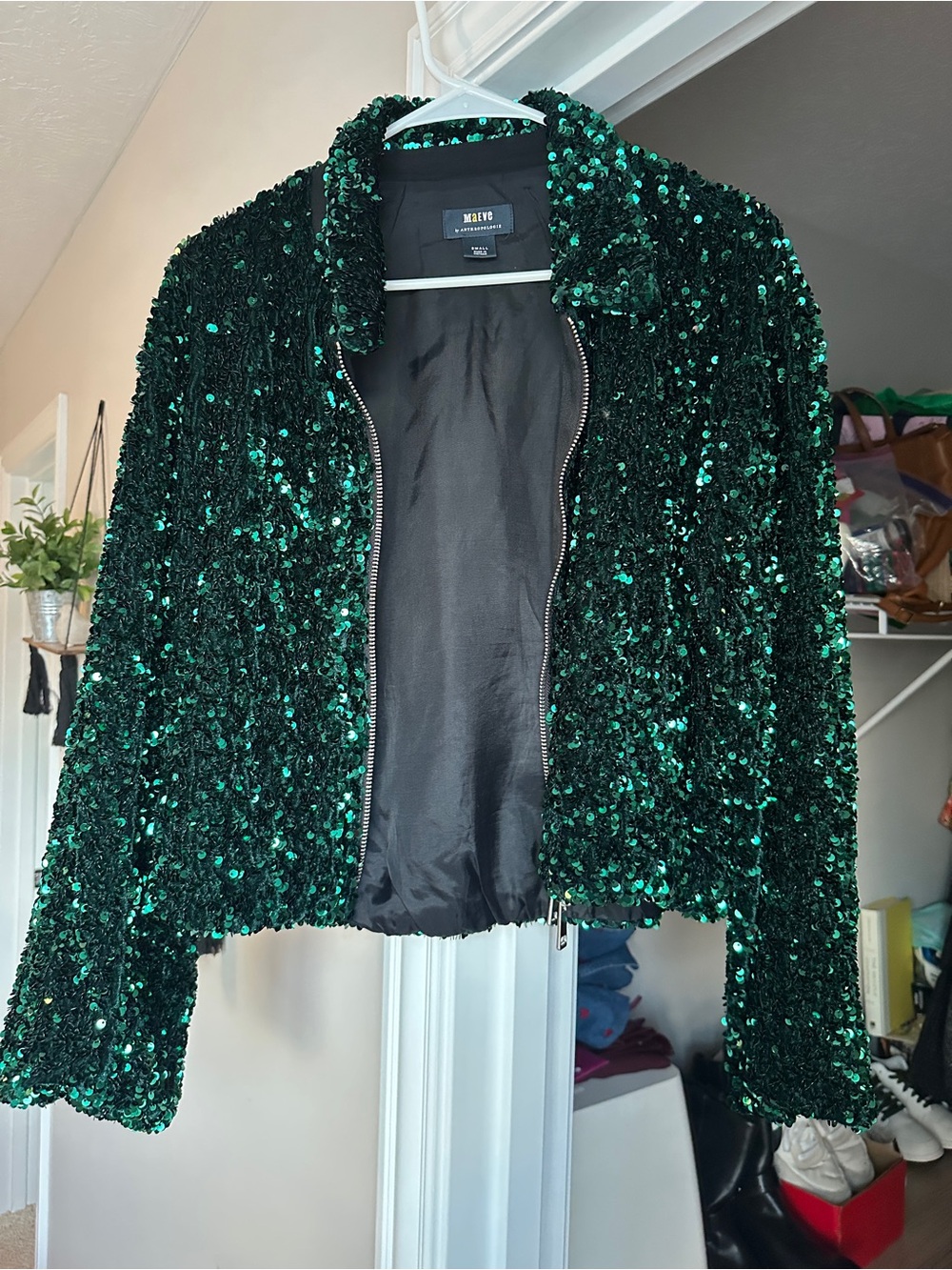 Anthropologie Emerald Green Sequin Bomber Jacket